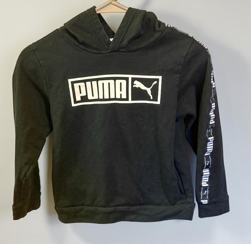 PUMA Kids Unisex Black Logo Print Pullover Hoodie Sweatshirt Streetwear Sz 8